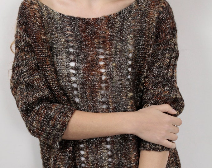 Hand knit woman oversized sweater oversized multicolor brown pullover mohair 3/4 sleeve sweater