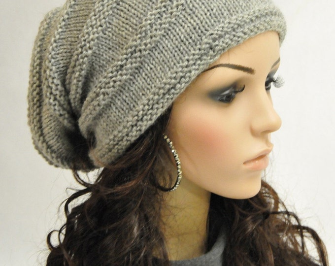 Hand knit slouchy wool hat woman men unisex hat Light Grey Wool Hat - ready to ship