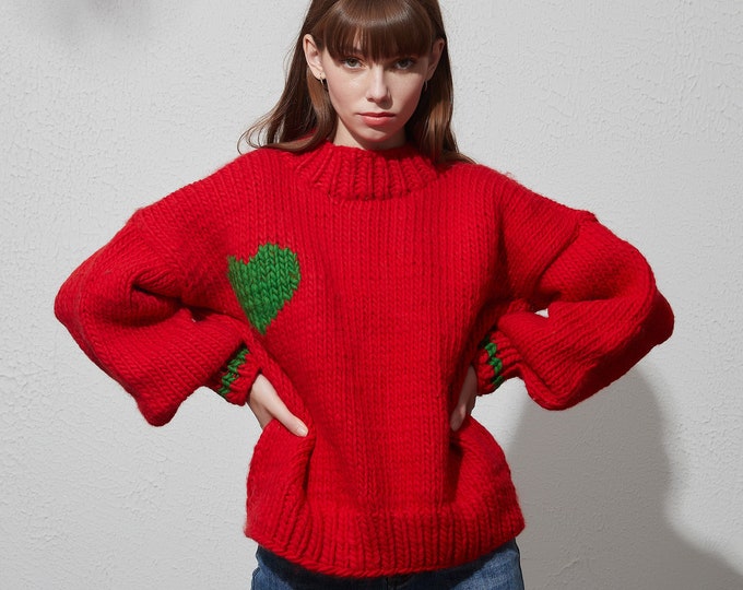 Hand knit woman pullover sweater slouchy pure wool crewneck Christmas red sweater green heart