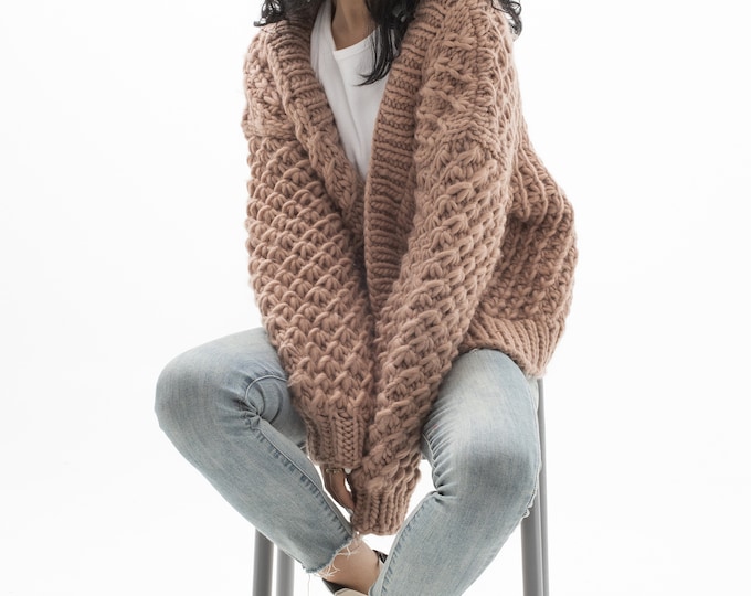 Hand knit oversize woman cropped cardigan sweater chunky slouchy wool  knit cardigan