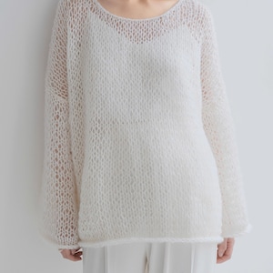 Hand knit woman sweater mohair loose knit long white sweater top pullover