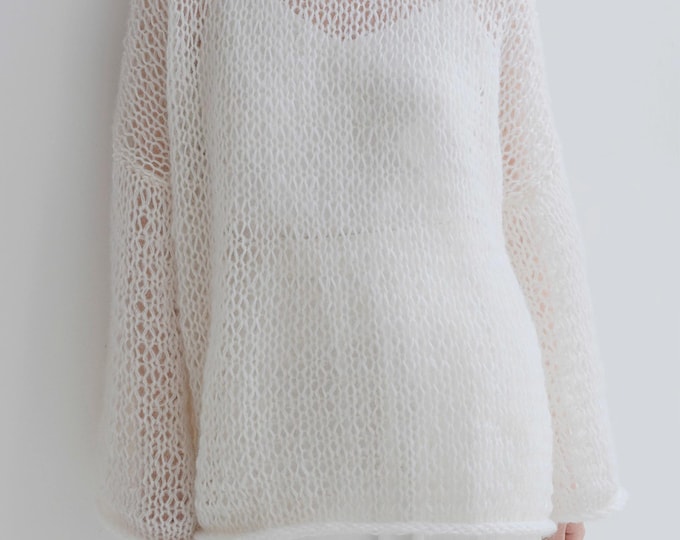 Hand knit woman sweater mohair loose knit long white sweater top pullover