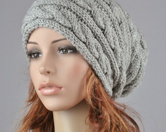 Hand Knit Grey Slouchy Hat: Cable Pattern Wool Blend