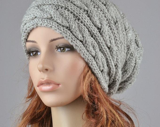 Hand knit hat - Grey hat, slouchy hat, cable pattern hat