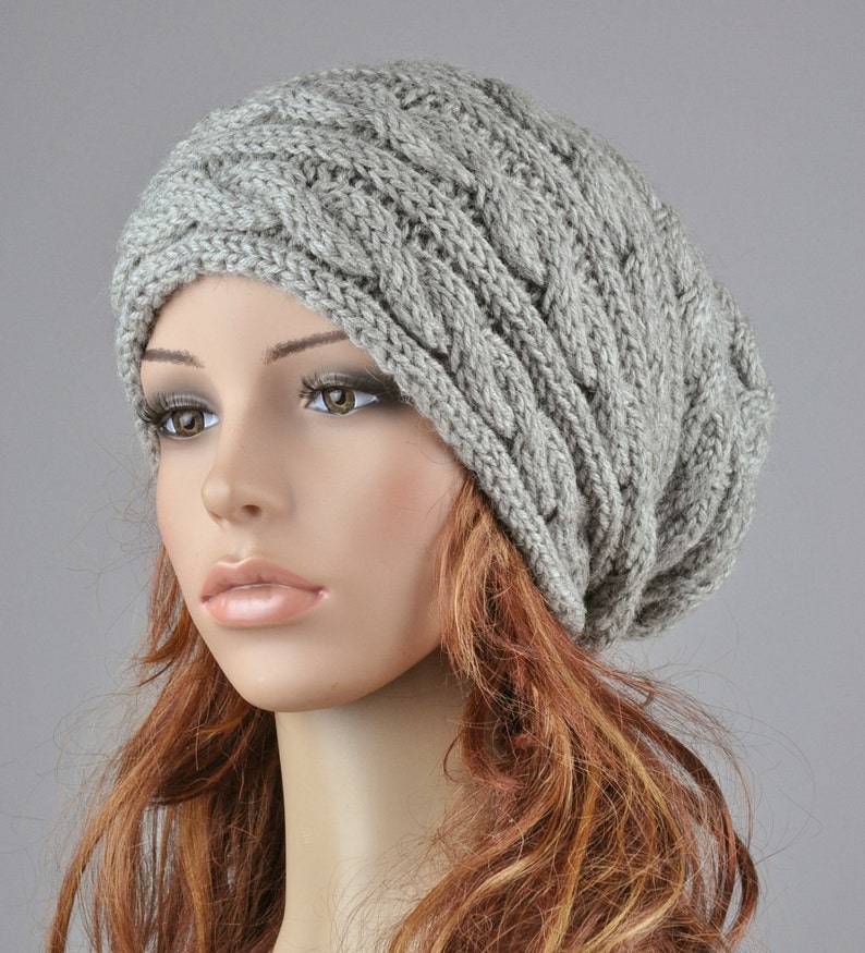 Hand knit hat Grey hat, slouchy hat, cable pattern hat image 1