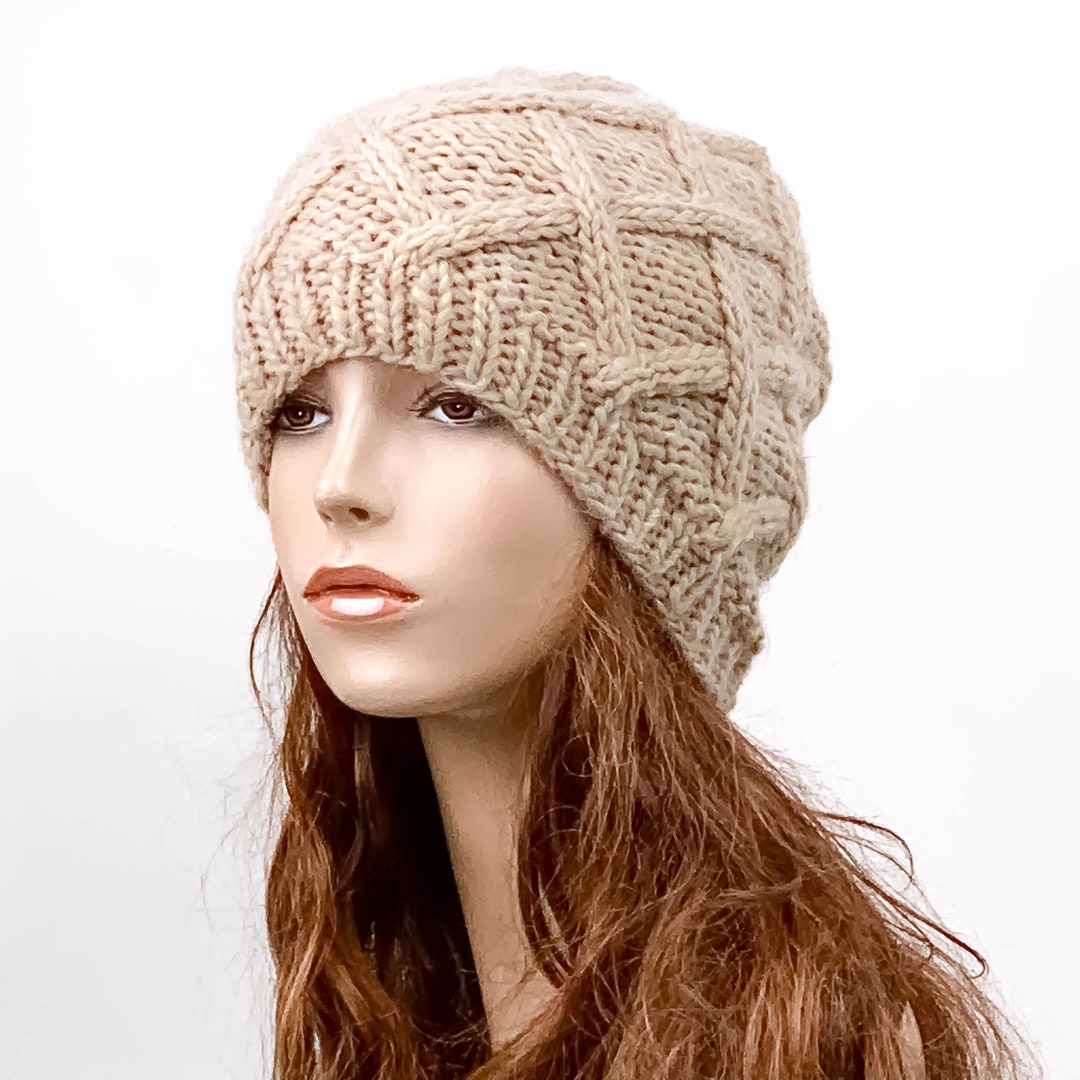 Hand Knit Hat Woman Hat Winter Hat Wool Beret Hat Wheat Beanie Hat - Etsy