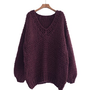 Hand knit WOOL sweater oversize woman sweater V-neck slouchy plum sweater