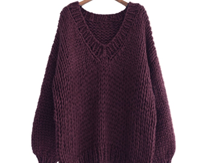 Hand knit WOOL sweater oversize woman sweater V-neck slouchy plum sweater