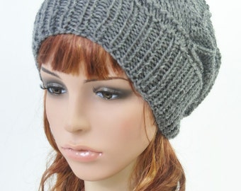 Hand knit wool Hat Woman winter beret Charcoal