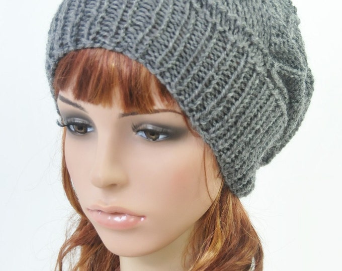 Hand knit wool Hat Woman winter beret Charcoal
