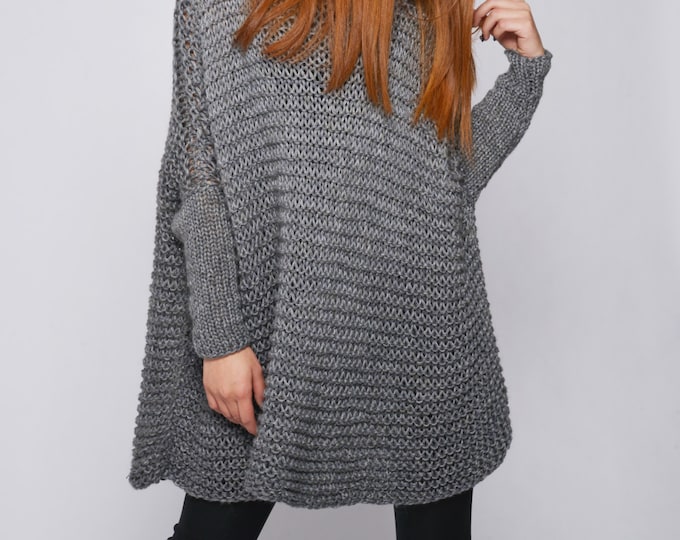 OVERSIZED hand knit Woman cotton sweater Knit sweater charcoal