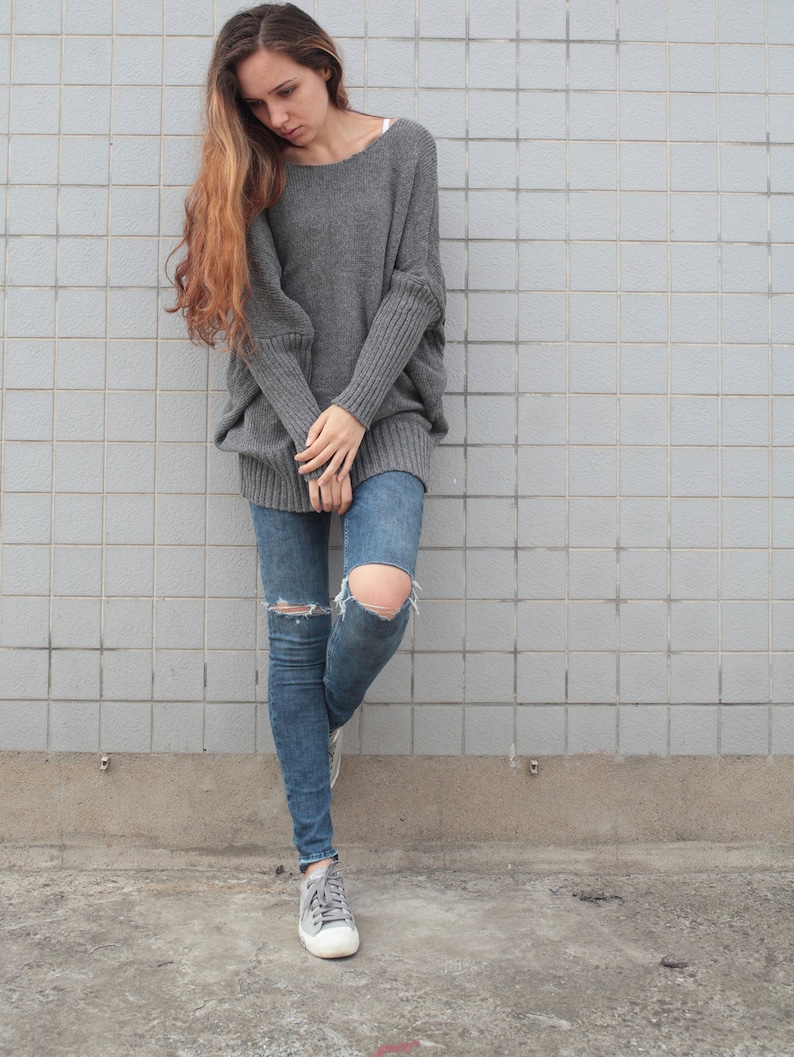 OVERSIZED Woman sweater Knit sweater kimono sleeve charcoal grey pullover wool sweater