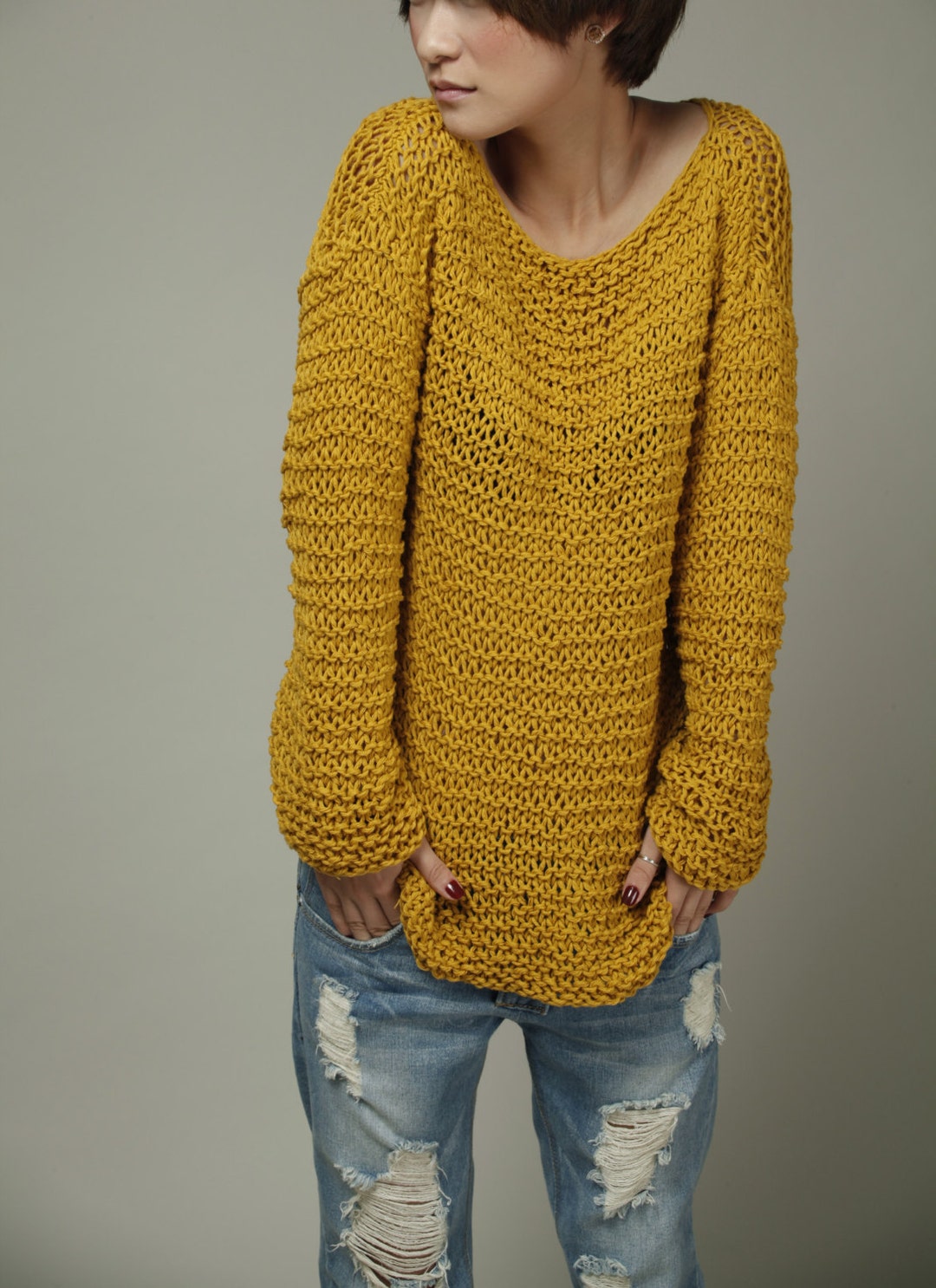 Simple is the Best Hand Knit Woman Sweater Eco Cotton Oversized Mustard ...