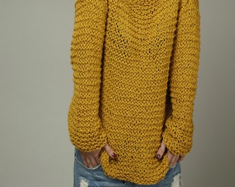 Simple is the best - Hand knit Woman Sweater Eco Cotton Oversized Mustard Yellow