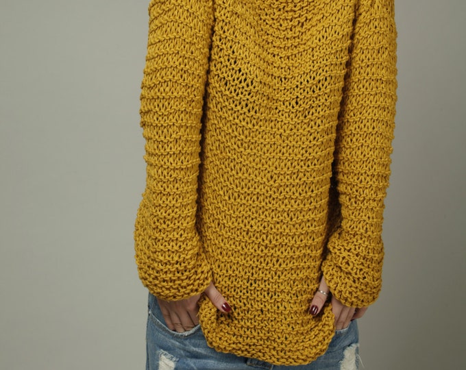 Simple is the best - Hand knit Woman Sweater Eco Cotton Oversized Mustard Yellow