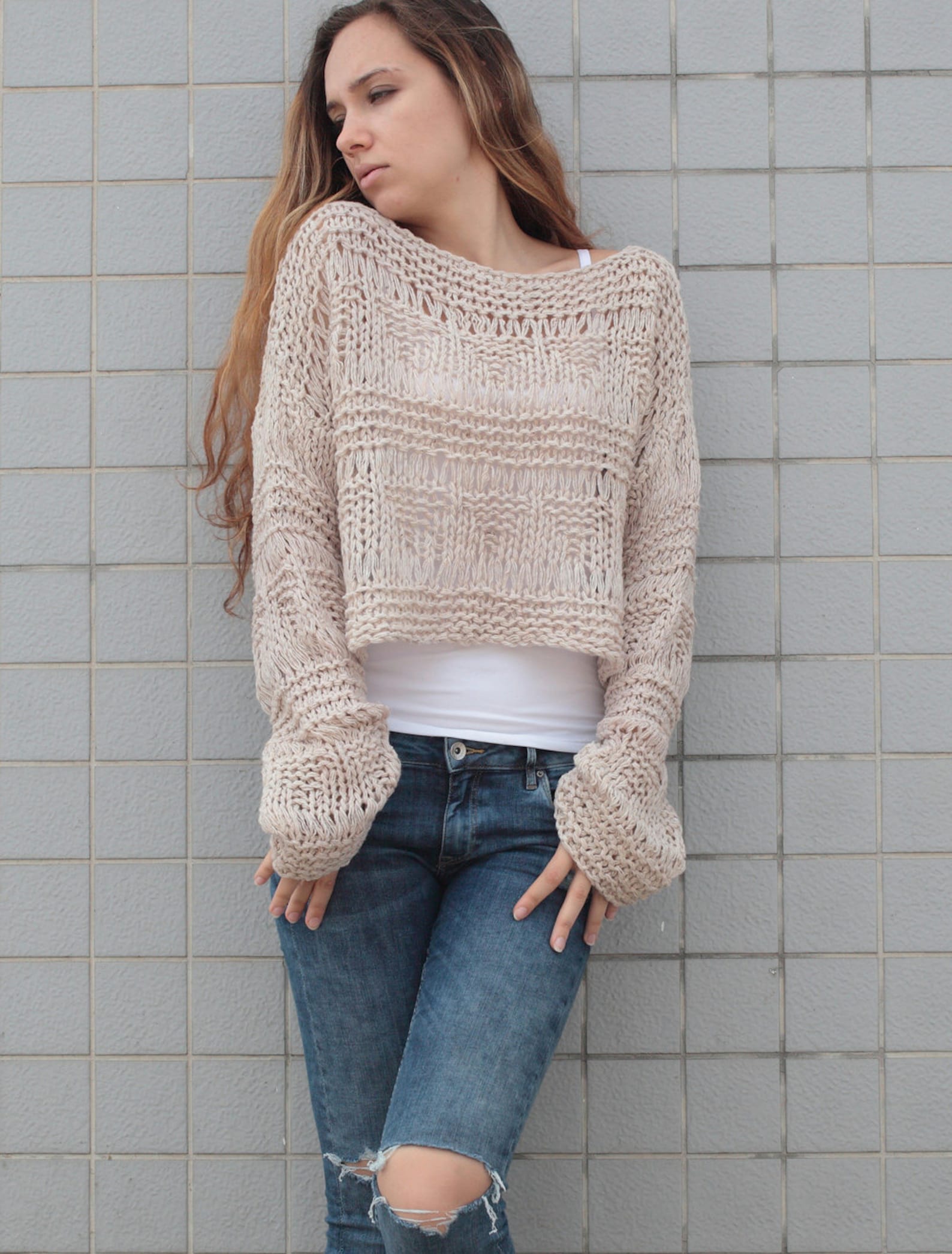 Hand knit sweater wool woman sweater cropped sweater Wheat Etsy