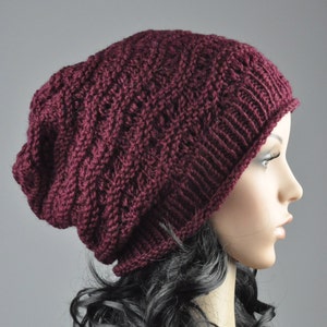 Burgundy Chunky Hat weaving pattern slouchy hat wool hat image 1