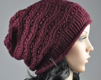 Burgundy Chunky Hat weaving pattern slouchy hat wool hat