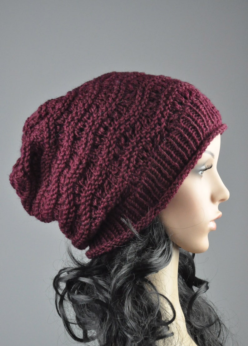 Burgundy Chunky Hat weaving pattern slouchy hat wool hat image 1
