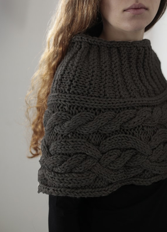 Hand knit woman poncho charcoal capelet Chunky Neck Warmer/Cowl/Tube Scraf cable pattern