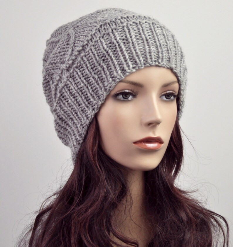 Hand Knit Wool Hat Grey Woman Beret Etsy