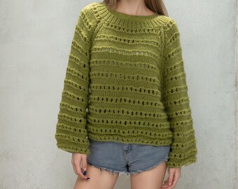Hand Knit Mohair Oversized Crop Sweater - Wasabi Green - Etsy