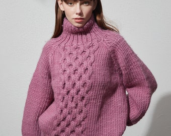 Hand knit oversize woman sweater crewneck wool pullover cable knit sweater