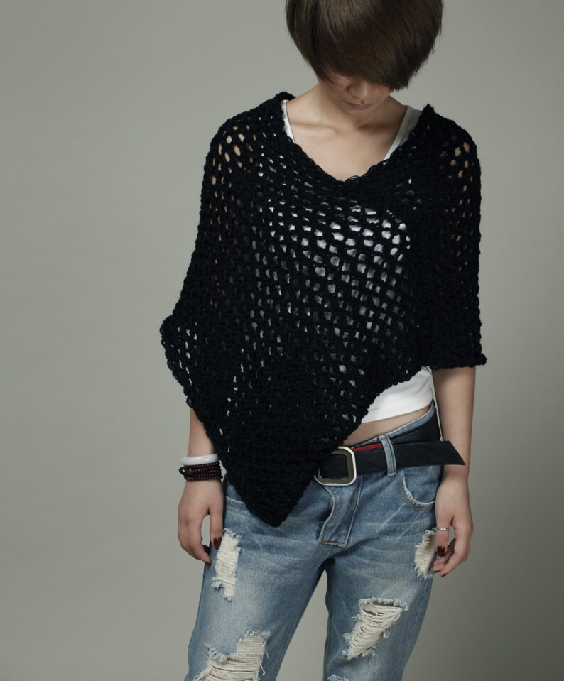 Hand Knit Little cotton poncho Scarf in Black-ready to ship
