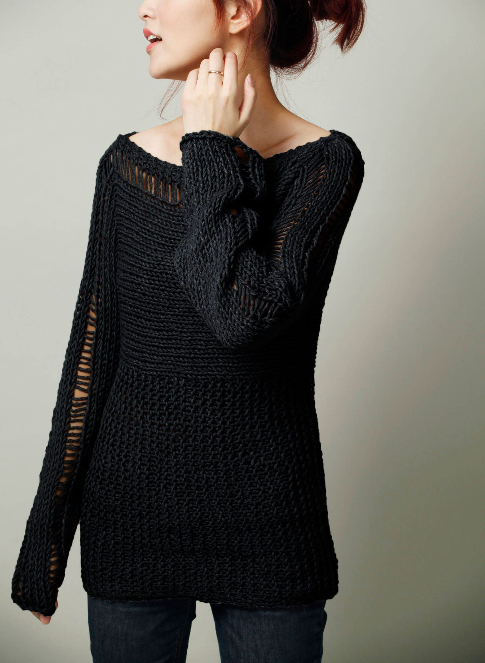 Hand Knit Woman Sweater Eco Cotton Oversized Black Sweater Etsy