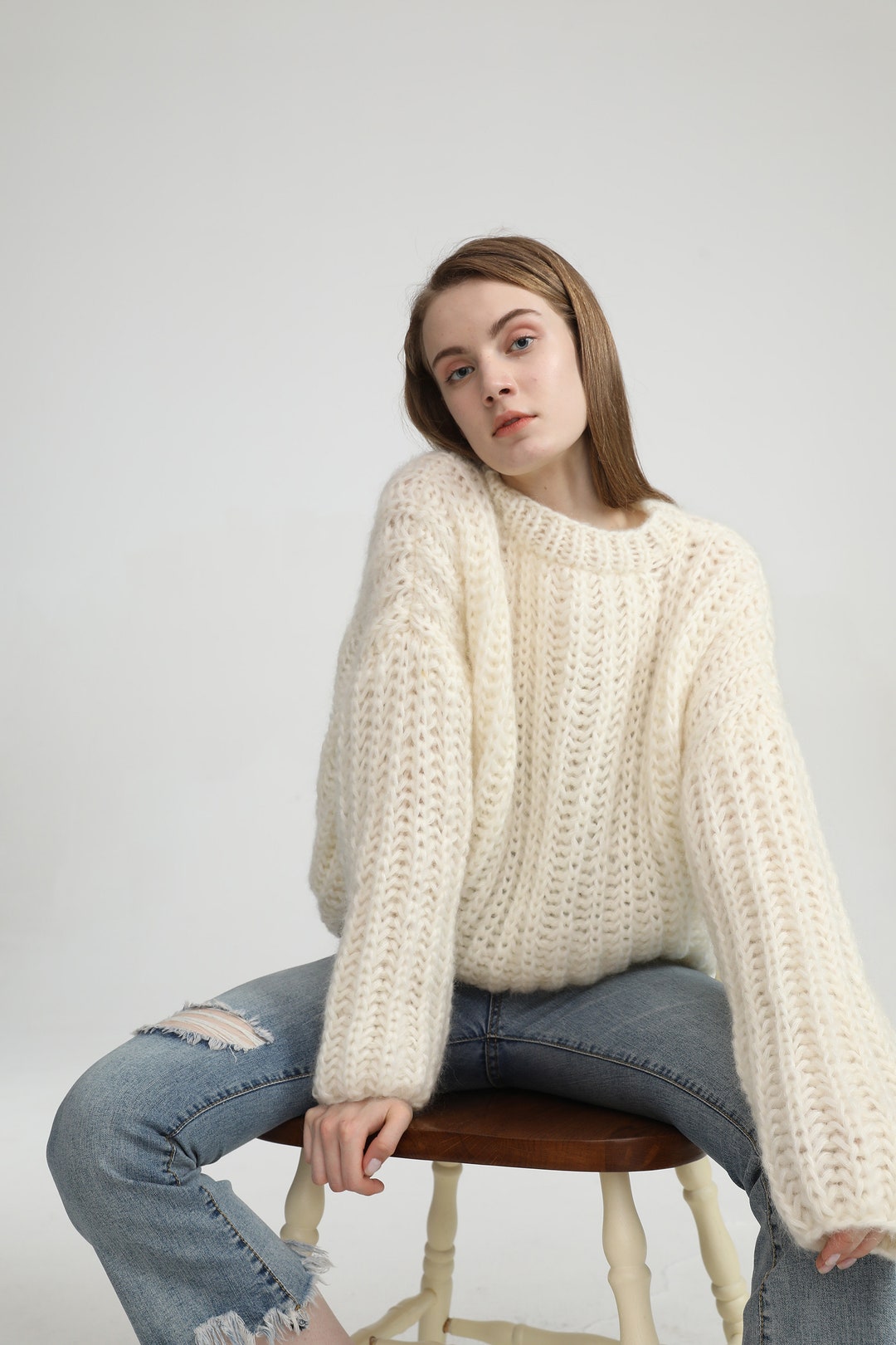 Hand Knit Woman Sweater OVERSIZED Mohair Sweater Top Crewneck Pullover ...