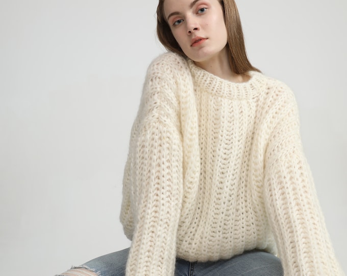 Hand knit woman sweater OVERSIZED mohair sweater top crewneck pullover White Cream sweater