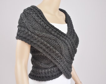 Hand knit sweater vest Cross Sweater Capelet Neck warmer scarf Charcoal / dark grey