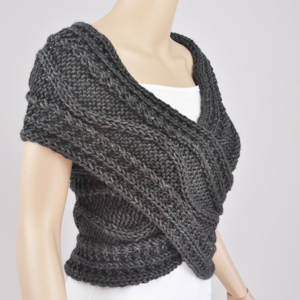 Hand knit sweater vest Cross Sweater Capelet Neck warmer scarf Charcoal / dark grey