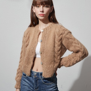 Hand knit woman sweater Mohair cable knit short cropped cardigan button front cardigan Camel