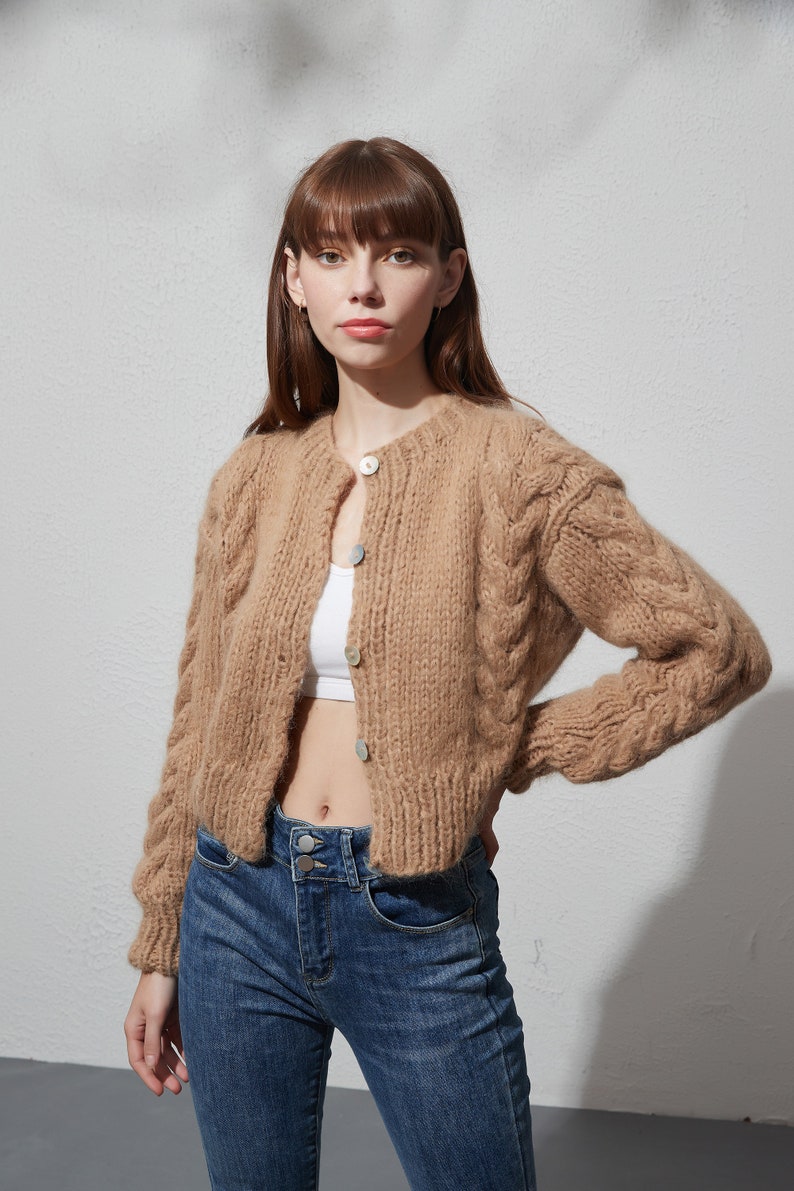 Hand knit woman sweater Mohair cable knit short cropped cardigan button front cardigan Camel