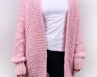 Hand knit oversize woman sweater chunky slouchy pink wool cardigan