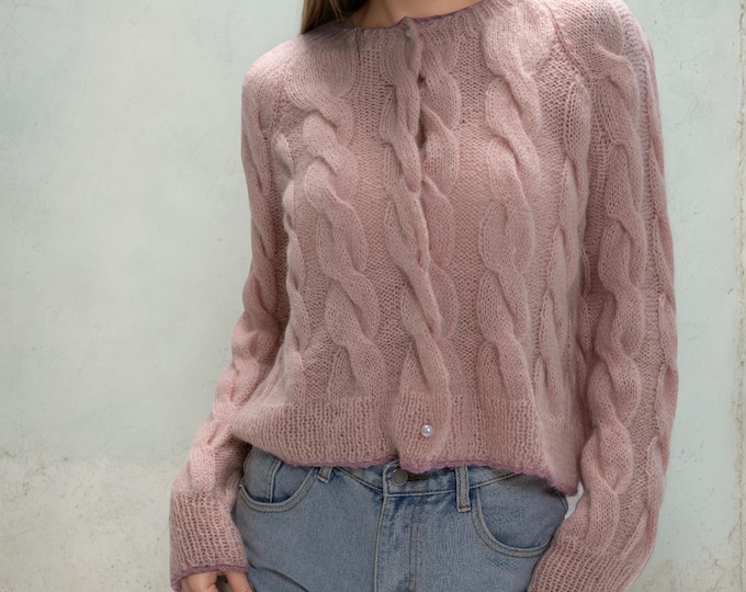 Hand knit oversize woman sweater rose pink Mohair button front cardigan