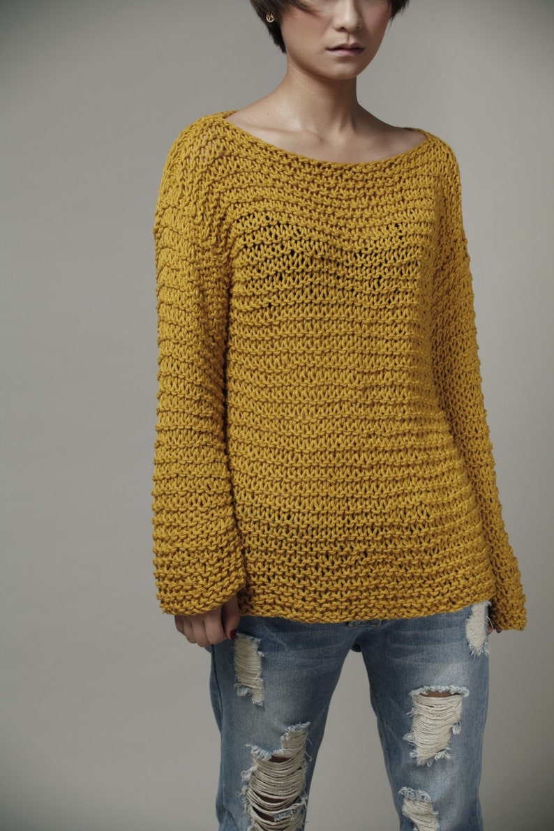 Simple is the best Hand knit Woman Sweater Eco Cotton Oversized Mustard Yellow image 2