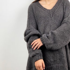 Hand knit oversize woman pullover sweater V-neck slouchy Mohair sweater