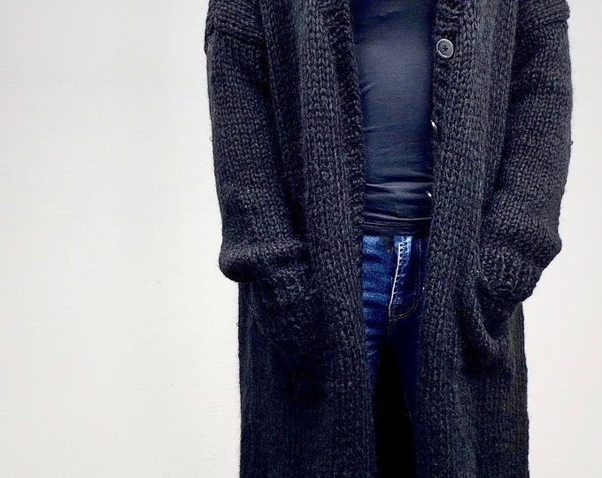 Hand knit oversize woman sweater Mohair sweater button front long cardigan BLACK