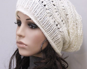 Hand Knit Chunky hat wool hat woman white cream slouchy hat