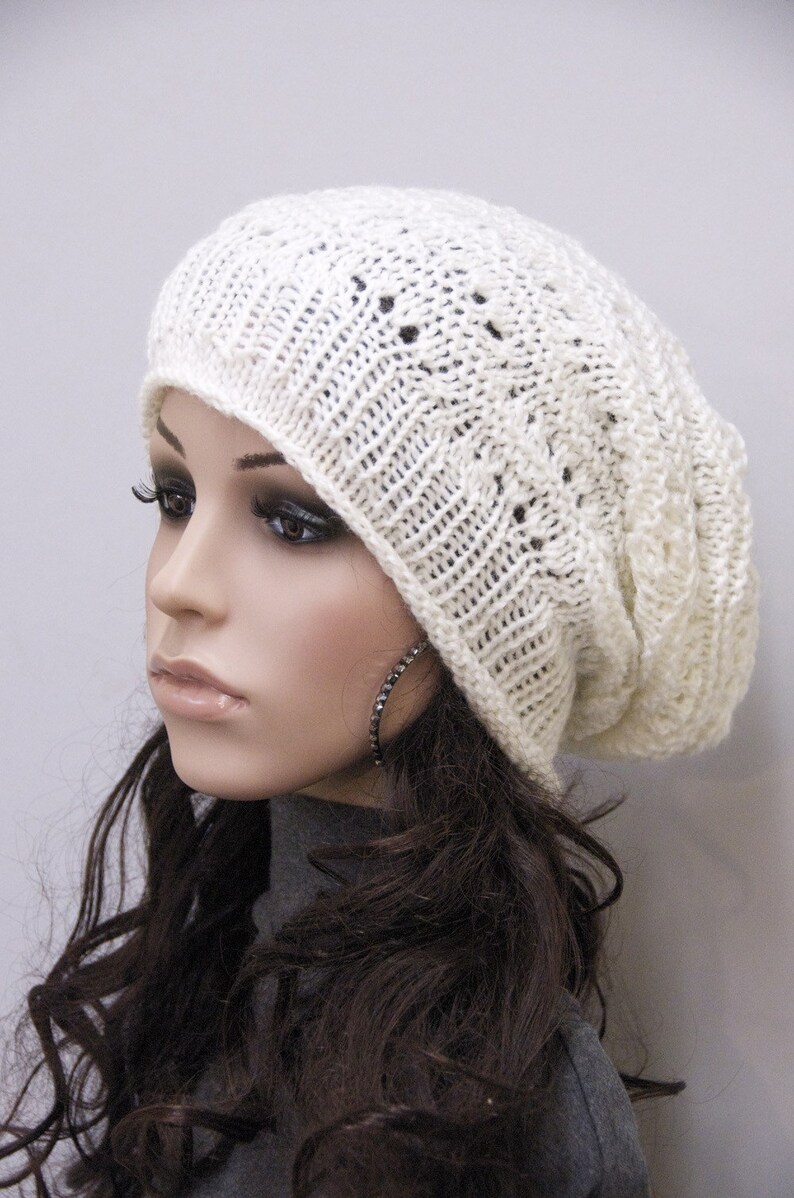 Hand Knit Chunky Hat Wool Hat Woman White Cream Slouchy Hat - Etsy
