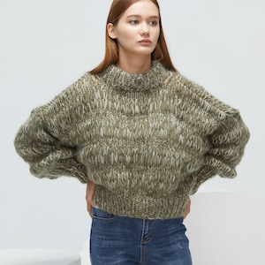 Hand knit woman sweater mohair pullover Olive short sweater