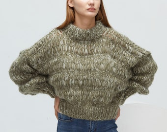 Hand knit woman sweater mohair pullover Olive short sweater