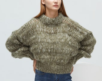 Handgestrickt Damen Pullover Mohair Pullover Olive Kurzpullover