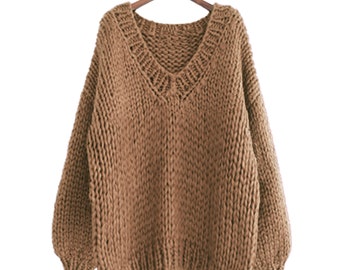 Hand Knit Wool Sweater: Oversize Slouchy V-Neck Pullover