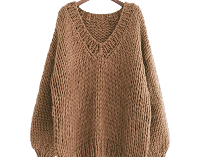 Hand knit WOOL sweater oversize woman pullover sweater V-neck slouchy wool mocha sweater