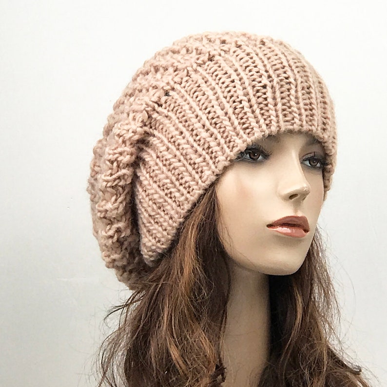 Hand knit woman hat Oversized Chunky Wool Hat slouchy hat Peach hat image 2