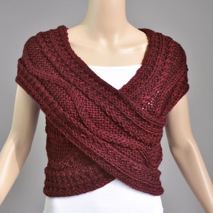 Hand knit woman Cross wool Sweater/Capelet/Neck warmer in Burgundy Super Slim image 2