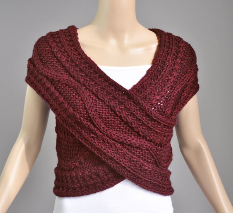 Hand knit woman Cross wool Sweater/Capelet/Neck warmer in Burgundy Super Slim image 2